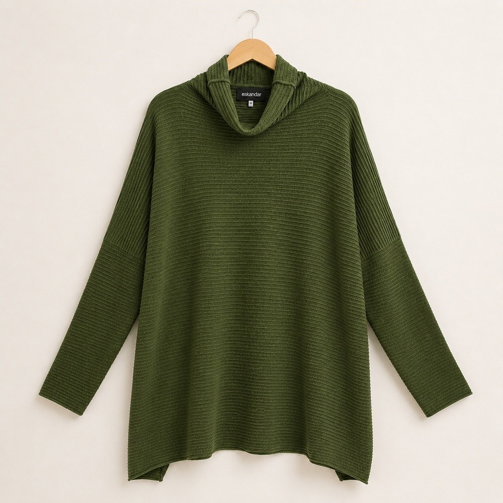 Eskandar Boho Cashmere Tunic Sweater Women O/S Cowl Neck Ribbed Earthy Cozycore